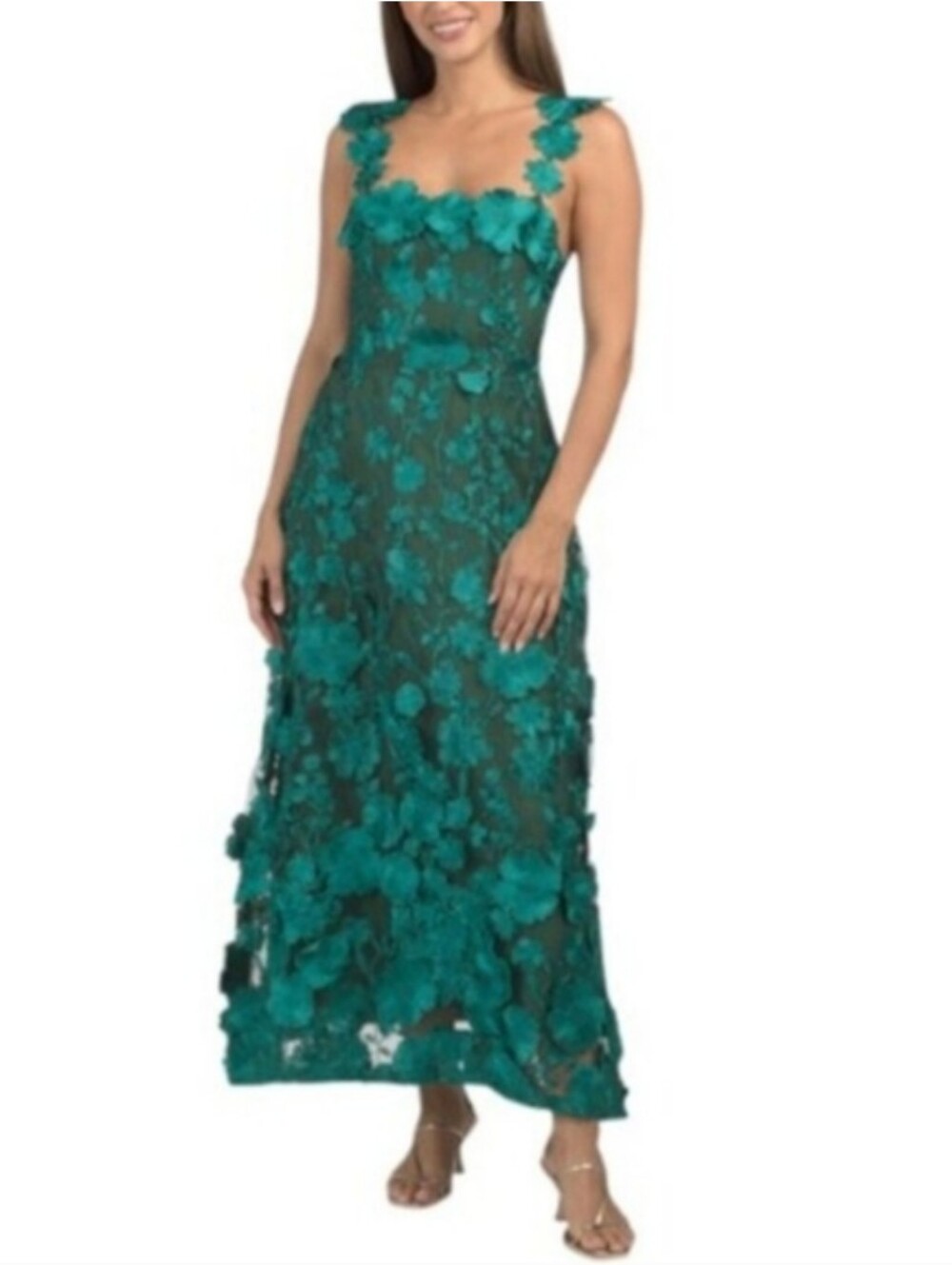 Dalia MacPhee 3D Floral Applique Mesh Overlay Maxi Dress Teal Green M